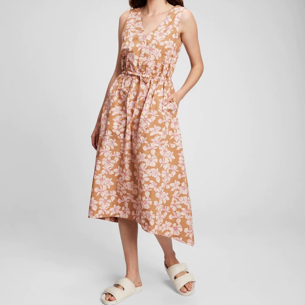 GAP Tie Waist MIDI Dress - brown floral